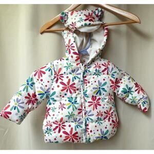 Gymboree Baby Girl Puffer Jacket 12 Months White Fleece Lining Hood pom poms EUC